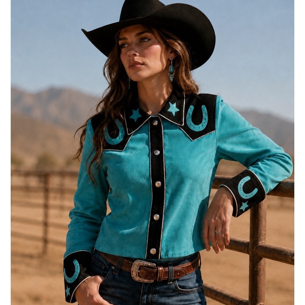 Vintage Arella Western Leather Jacket Turquoise Horseshoe USA Women's M Rodeo